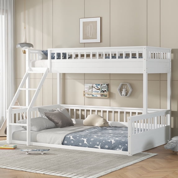 Bellemave Twin XL over Queen Size Bunk Bed Convertible 2 Bunk Bed Frame with Guardrails and Inclined Ladder Queen Floor Bunk Bed for Teens, Adult ( Twin XL over Queen, Off White )