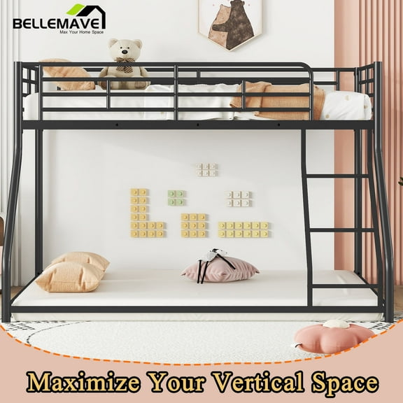 Bellemave Twin XL over Queen Size Bunk Bed,Heavy Duty Metal Bunk Bed Frame with Ladder&Full-Guardrail,Low Floor Bunk Bed for Adult,Space Saving&Noise Free,Black