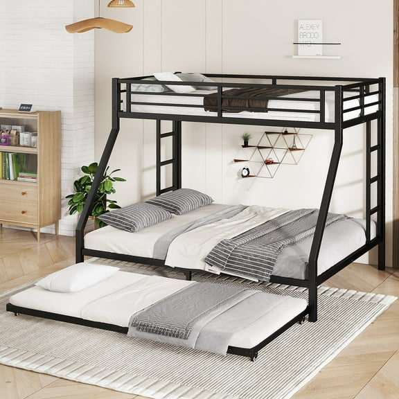 Bellemave Twin XL Over Queen Size Bunk Bed with Trundle Triple Metal Bunk Bed Frame with 2 Ladders and Guardrails Space-saving Bunk Beds for 3 (Black)