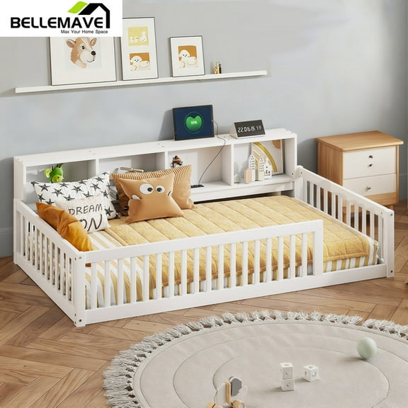 Bellemave Twin XL Size Floor Bed with Storage Cabinet Twin XL Wood Bed Frame with Headboard and Guardrails Twin XL Storage Bed Frame with Charging Station Low Floor Bed, White