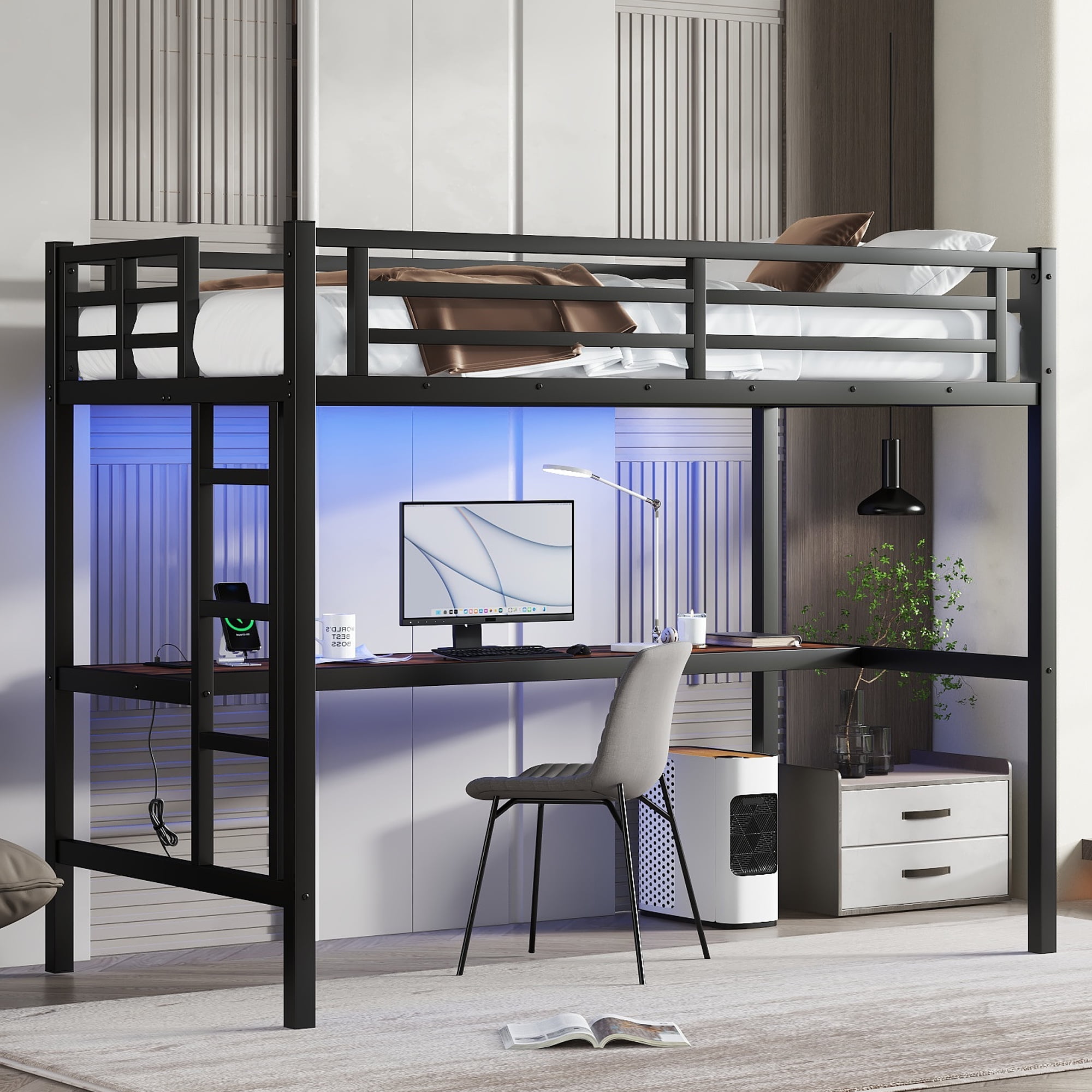 Bellemave, Twin XL Size Loft Bed with Desk and LED Light, Black ...