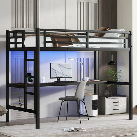 Bellemave Twin XL Size Loft Bed with Desk and LED Light Modern Metal Loft Bed with Power Outlet and Guardrails Space Saving Loft Bed Frame for Kids and Teens (Twin XL, Black)