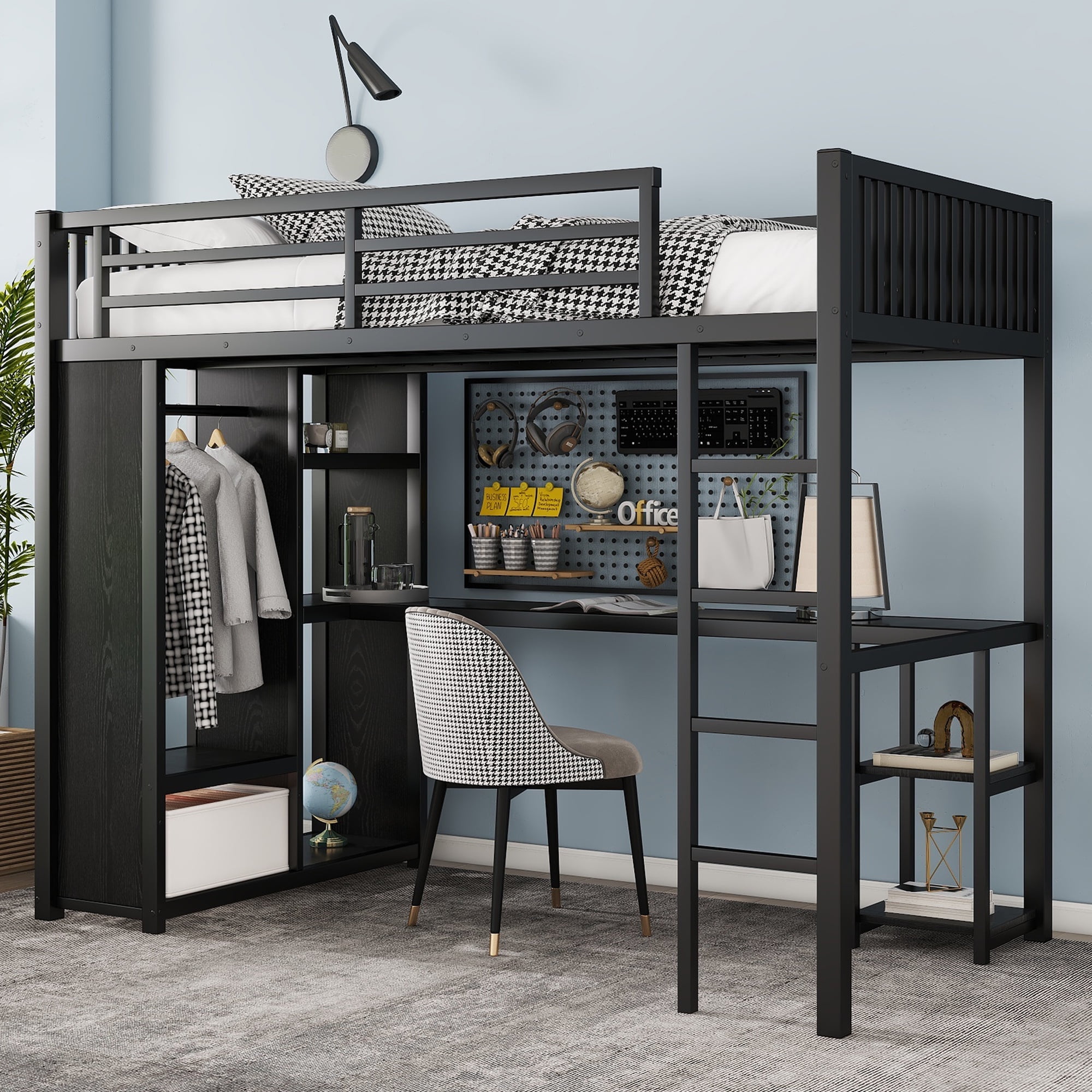 Bellemave Twin XL Size Loft Bed with Desk and Wardrobe Metal Loft Bed ...