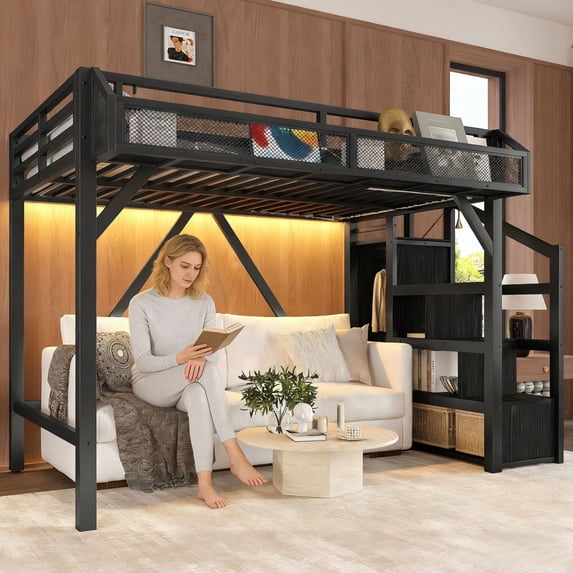 Bellemave Twin XL Size Metal Loft Bed Frame with Storage Stairs ...