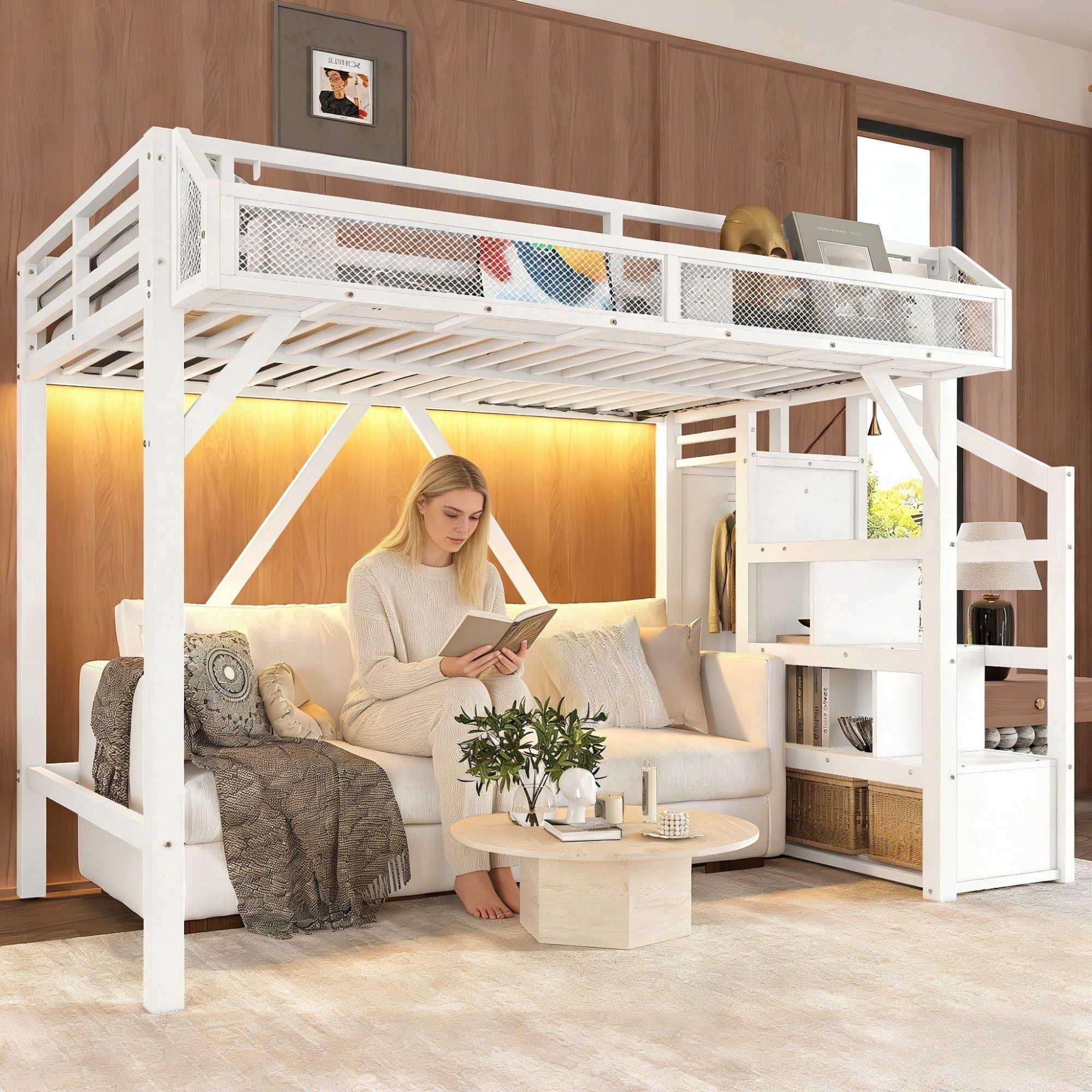 Bellemave Twin XL Size Metal Loft Bed Frame with Storage Stairs ...