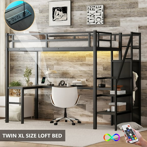 Bellemave Twin XL Size Metal Loft Bed with L-shaped Desk and Storage Staircase, Loft Bed Frame with Wardrobe and Shelf, Loft Bed with LED Lights and USB Port for Teens (Black, Twin XL)
