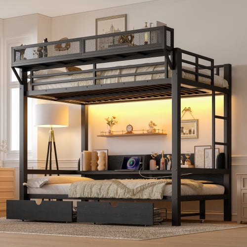 Bellemave Twin XL Over Twin XL Bunk Bed with Storage, Metal Bunk Bed with Charging Station, LED Lights, Full Length Guardrail for Teens, No Box Spring Needed, Black