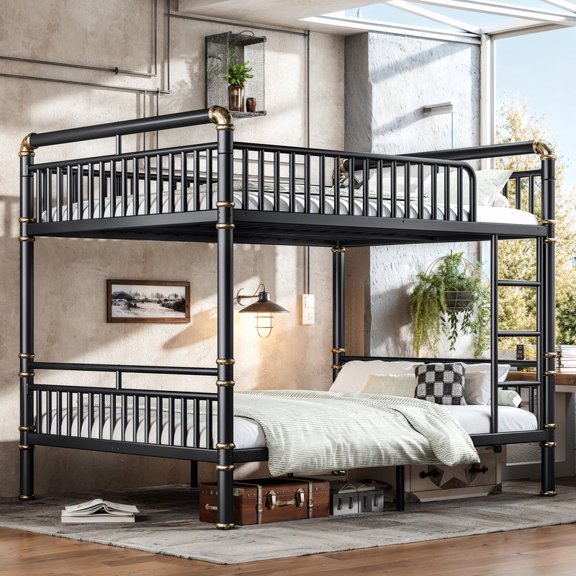 Bellemave Metal Bunk Bed Queen Over Queen, Upgraded Round-Pipe Industrial Bunk Beds Frame, Industrial Modern Design for Kids Teens Adults-Black