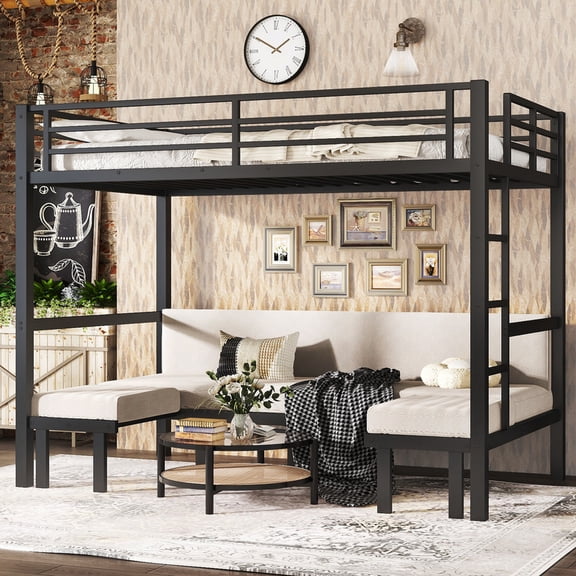 Bellemave Twin XL Over Twin XL Futon Bunk Bed, Lower Bunk Can be Pulled Out in Three Sections, Metal Bunk Bed Frame with Ladder, Twin XL Loft Bed with Sofa for Teens, Adults,Black