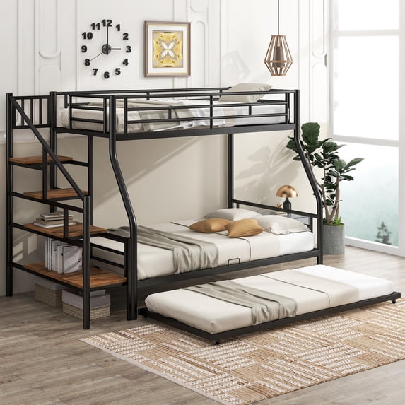 Bellemave Twin over Full Bunk Bed with Twin Size Trundle,Metal Bunk Bed with Storage Stairs and Full-Guardrail,Bunk Bed for Boys&Girls Teens,Black