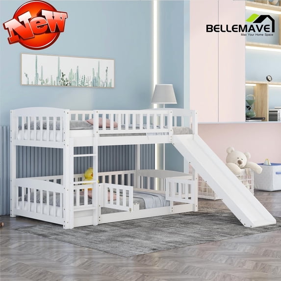 Bellemave Twin over Twin Bunk Bed , Floor Bunk Bed with Slide, Ldder, Door Openable Fence, Wooden Bunk Bed (White)