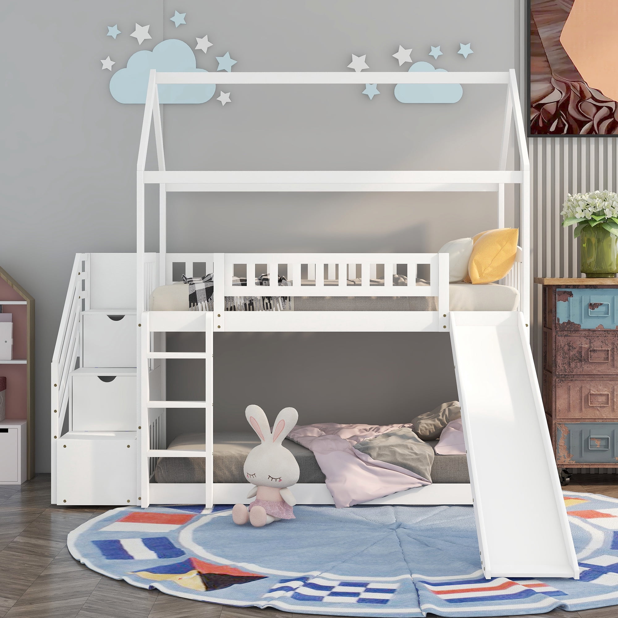 Bellemave Twin over Twin Bunk Bed with Slide and Storage Stairs, Wood ...