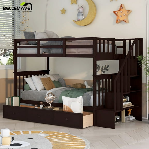 Bellemave Twin over Twin Bunk Bed with Stairs, Solid Wood Bunk Bed with Storage Drawers for Teens, Adults (Espresso)