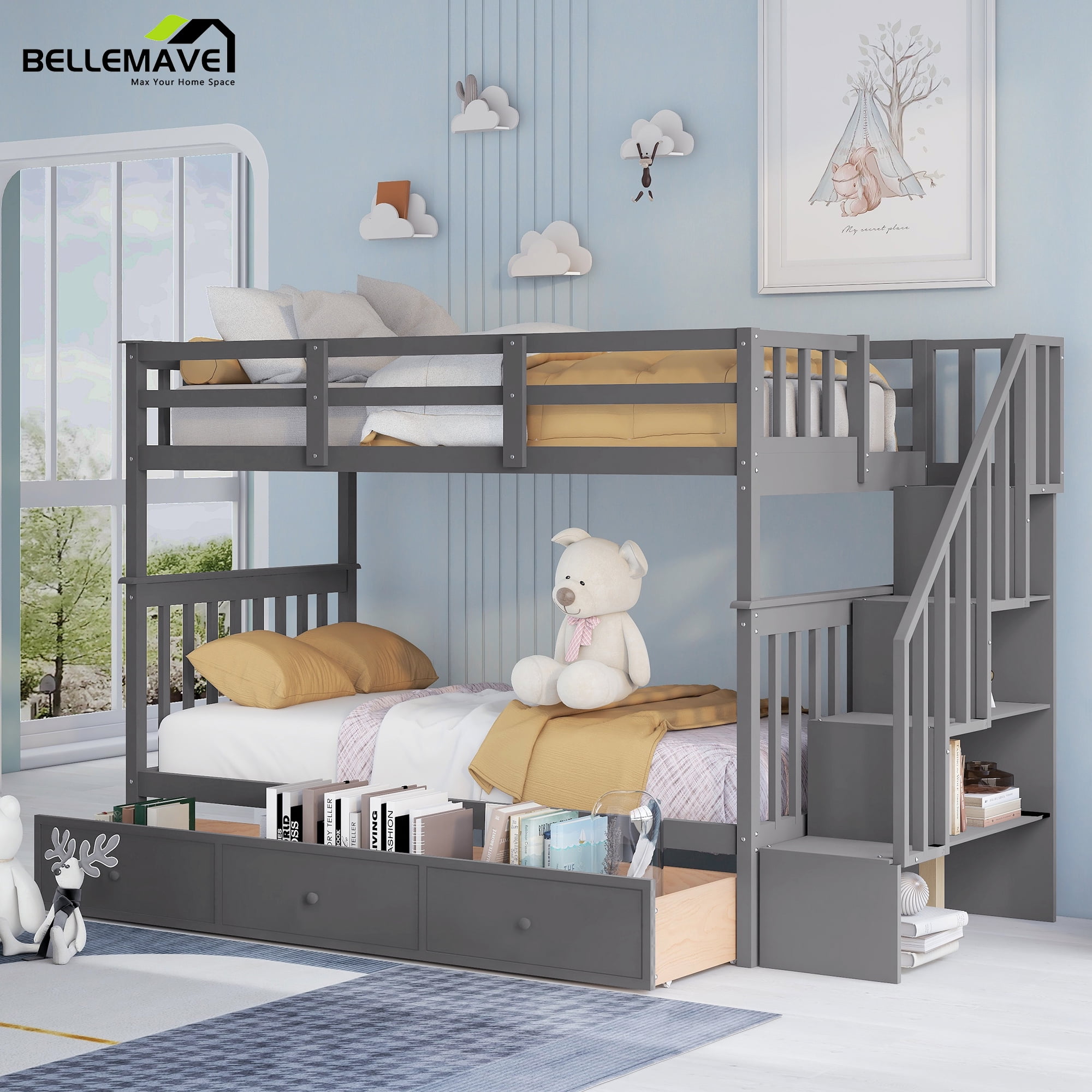 Bellemave Twin Bunk Bed with Stairs, Shelves, Storage Drawers for Kids ...