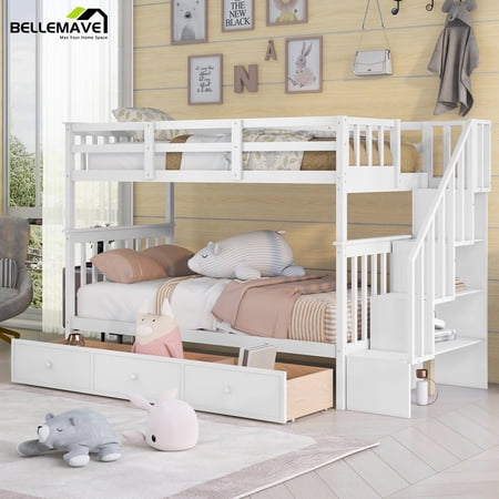 Bellemave Twin over Twin Bunk Bed with Stairs, Solid Wood Bunk Bed with Storage Drawers for Teens, Adults (White)