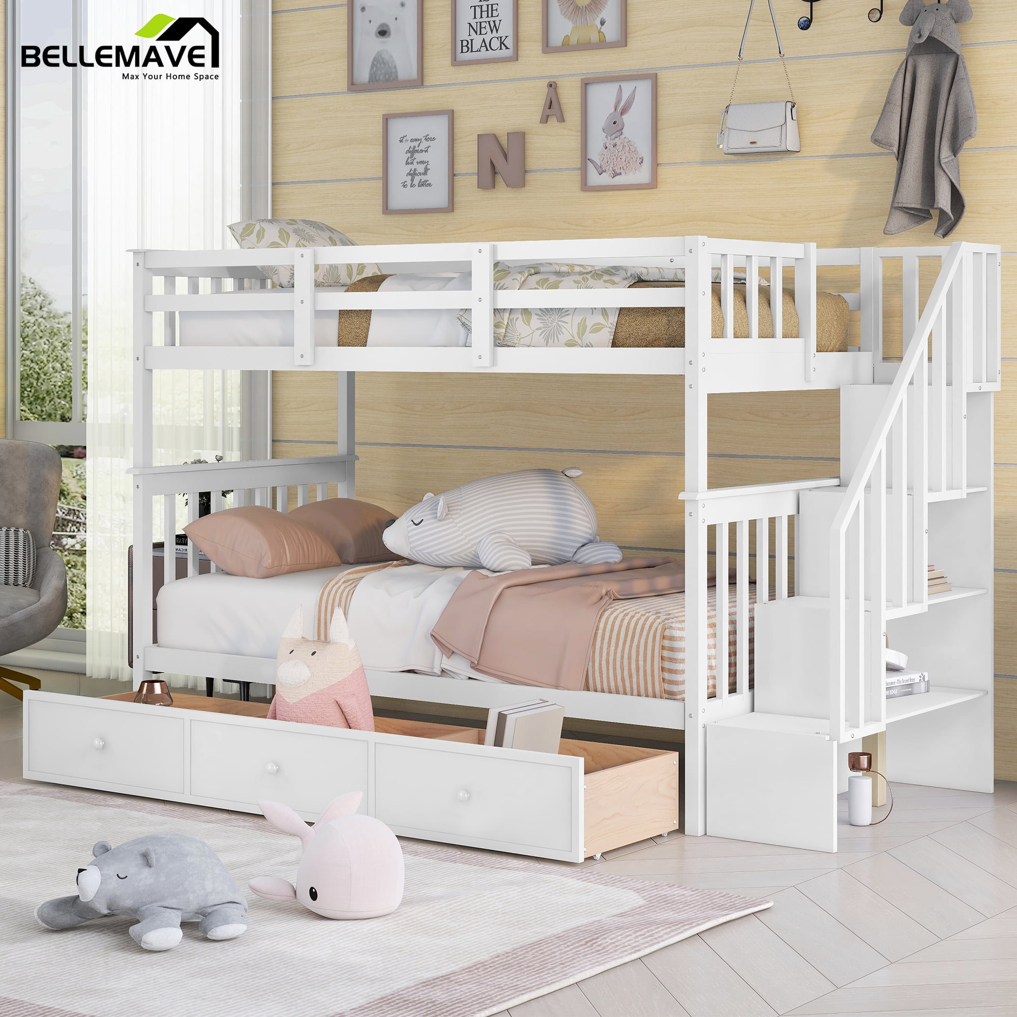 Bellemave Wooden Twin over Twin Bunk Bed with Stairs and Storage ...