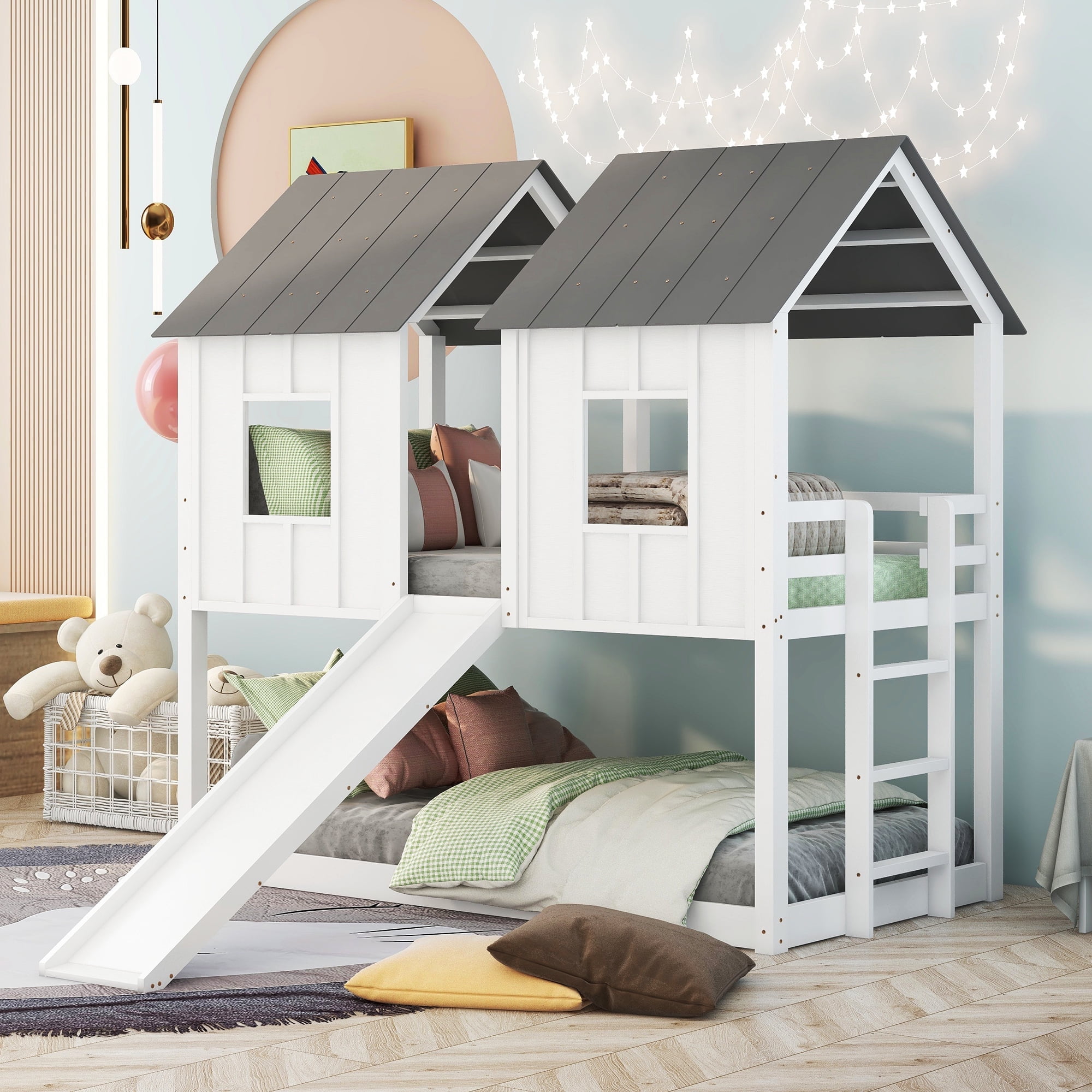 Bellemave Playhouse Toddler Twin House Bunk Bed with Slide, Roof