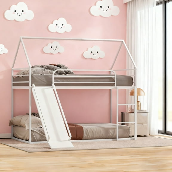 Bellemave Twin over Twin Size Bunk Bed with Slide Metal House Bunk Bed Frame with Ladder and Guardrails Versatile Twin Bunk Bed Loft Bed, White