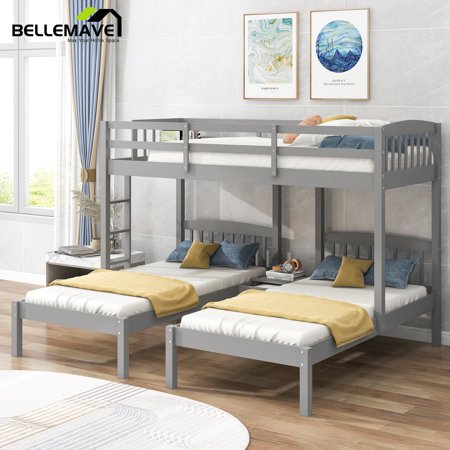 Bellemave Twin over Twin Triple Bunk Bed for Teen, Wood 3 Bunk Beds, Twin Size L-shaped Corner Bunk Beds with Middle Drawer and Ladder