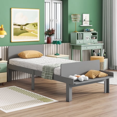 Bellemave Twin size Wooden Simple Platform Bed with Bed-end Bench,Minimalistic,Gray