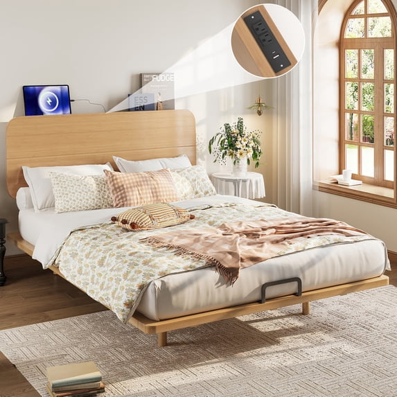 Queen Size Platform Bed with Headboard, Queen Floating Bed with Charging Station, Bamboo-Made Queen Bed Frame with Support Slats for Teens Adults, Natural