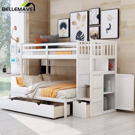 Bellemave White Convertible Twin over Twin/Full Stairway Bunk Bed with Drawers, Shelf and Cabinet for Bedroom, Twin over Twin Wood Bunk Bed with Convertible Bottom Bed