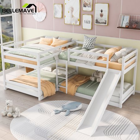 Bellemave White L-Shaped Full and Twin Size Bunk Beds with Slide and Ladder for Kids Teen Child and Adults, L-shaped Quadruple Kids Wood Corner Bunk Beds with Slide for Bedroom