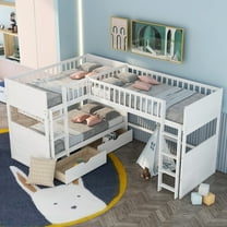 Bellemave White L-shaped Triple Bunk Bed with Drawers for Bedroom, Wood Twin Size Bunk Bed Frame for 3 with a Loft Bed attached, Two Drawers and Ladders