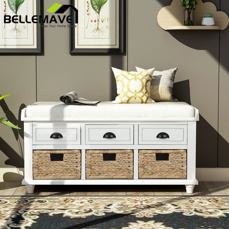 Bellemave White Storage Shoe Bench with 3 Drawers and 3 Rattan Baskets, Rustic Wood Shoe Bench for Living Room Entryway Hallway