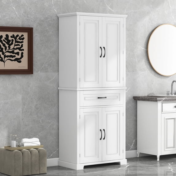 Bellemave White Tall Storage Cabinet with Adjustable Shelf Bathroom Cabinet with 1 Drawer and Storage Rack Large Freestanding Wood Cabinet Storage Organizer Floor Cabinet, White
