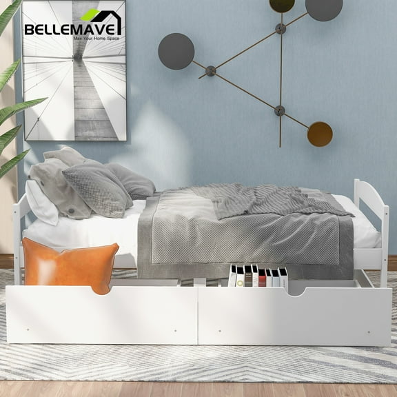 Bellemave White Twin Size Platform Bed with 2 Drawers for Bedroom Living Room, Wood Frame Twin Size Platform Bed Daybed with Slats