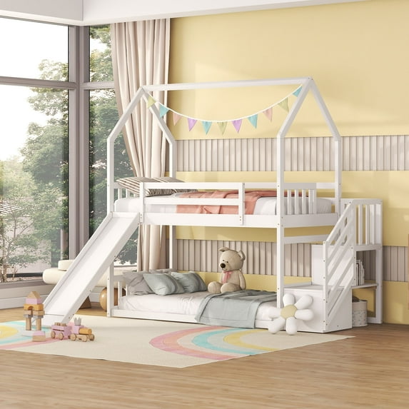 Bellemave White Twin over Twin House-shaped Bunk Bed with Slide and Storage Staircase for Teen, Twin Size House Bunk Bed with Convertible Slide for Bedroom, can be Placed Left or Right