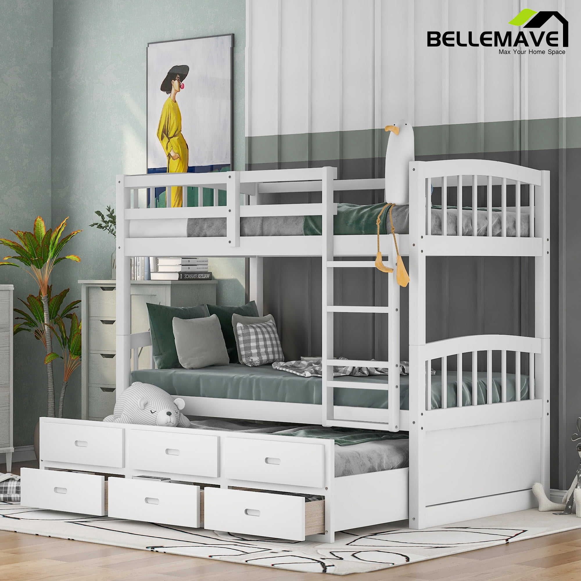 Bellemave Twin Bunk Bed with Trundle and 3 Drawers, Sturdy Wood Frame ...