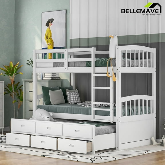 Bellemave White Twin over Twin Bunk Bed with Trundle Bed and 3 Drawers, Wood Frame Bunk Bed Twin Size with Storage for Bedroom