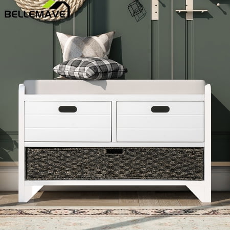 Bellemave White Wood Cushioned Storage Shoe Bench with Removable Basket and 2 Drawers, Entryway Storage Bench with Cushion and Drawers, Fully Assembled