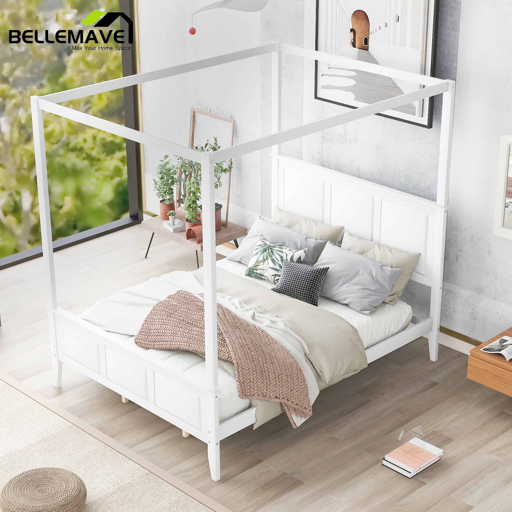 Bellemave Queen Size Wooden Bed Frame with Canopy, Headboard and ...