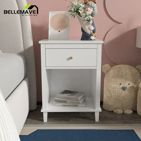 Bellemave White Wooden Nightstand with One Drawer, One Shelf for Kids, Adults, Retangle Bedroom Wood 1-Drawer Nightstand with Storage