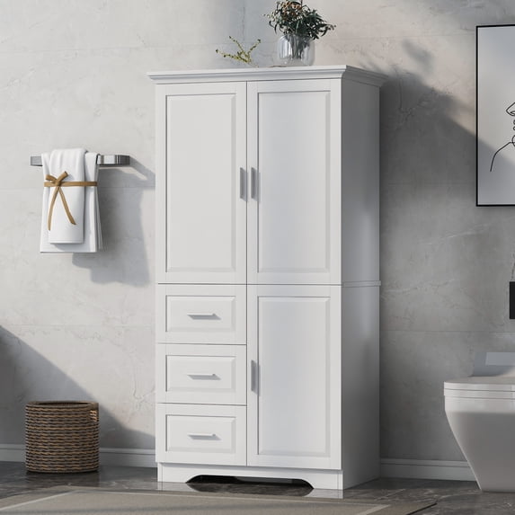 Bellemave Wide Storage Cabinet with Adjustable Shelves, Bathroom Cabinet with 3 Doors, Wooden Storage Cabinet with 3 Drawers Storage Organizer Cupboard Floor Cabinet, White