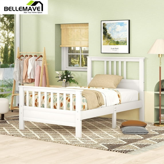 Bellemave Wood Bed Frame with Headboard and Footboard Modern Bedroom Furniture Platform Bed for Teens Adult, Twin Size , White