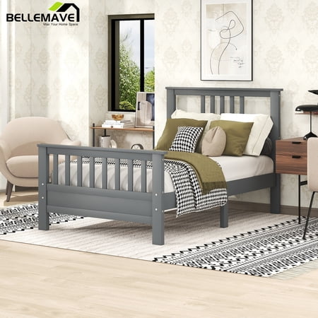 Bellemave Wood Bed Frame with Headboard and Footboard Modern Bedroom Furniture Platform Bed for Teens Adult, Twin Size , Gray