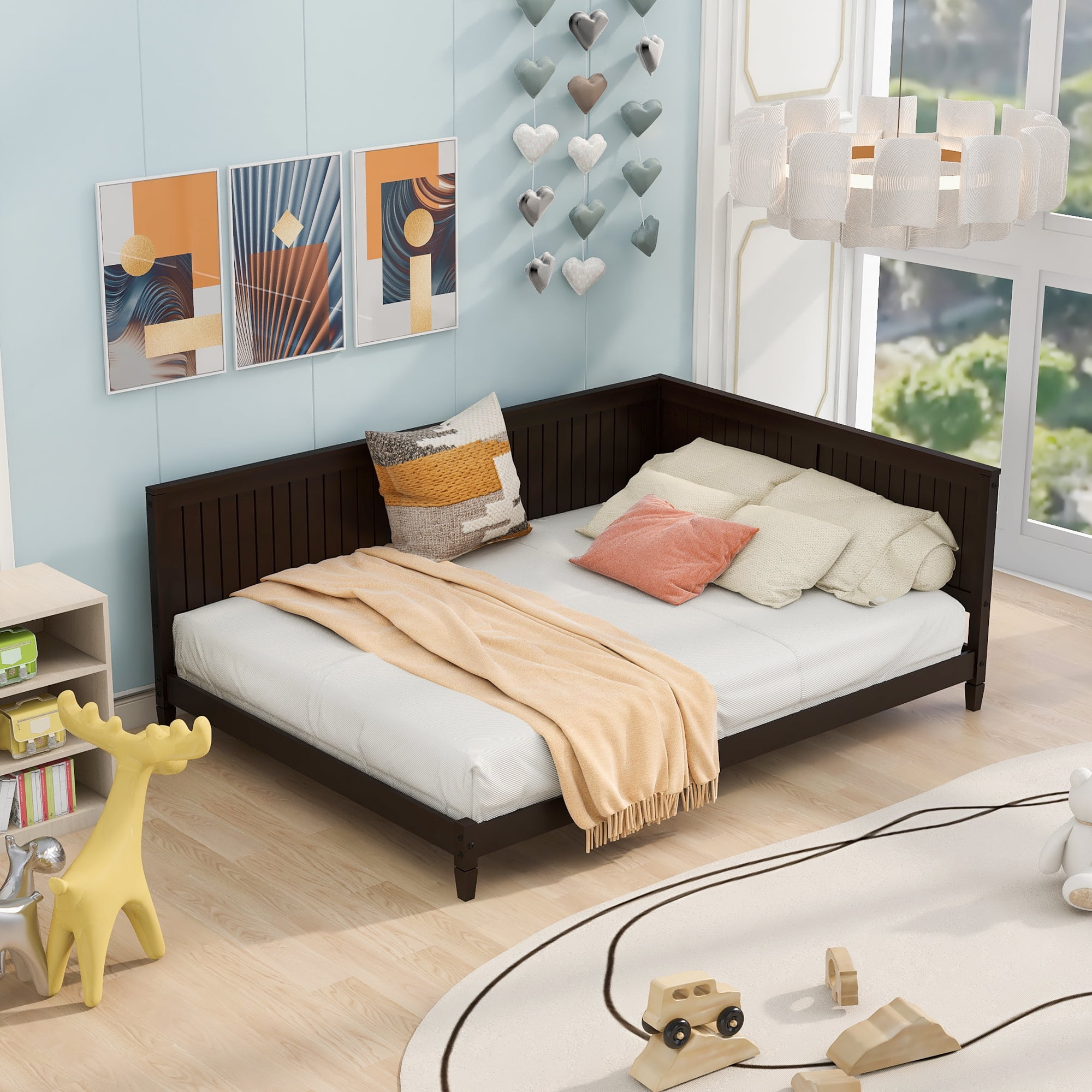 Bellemave wood full size daybed frame low full bed with headboard and