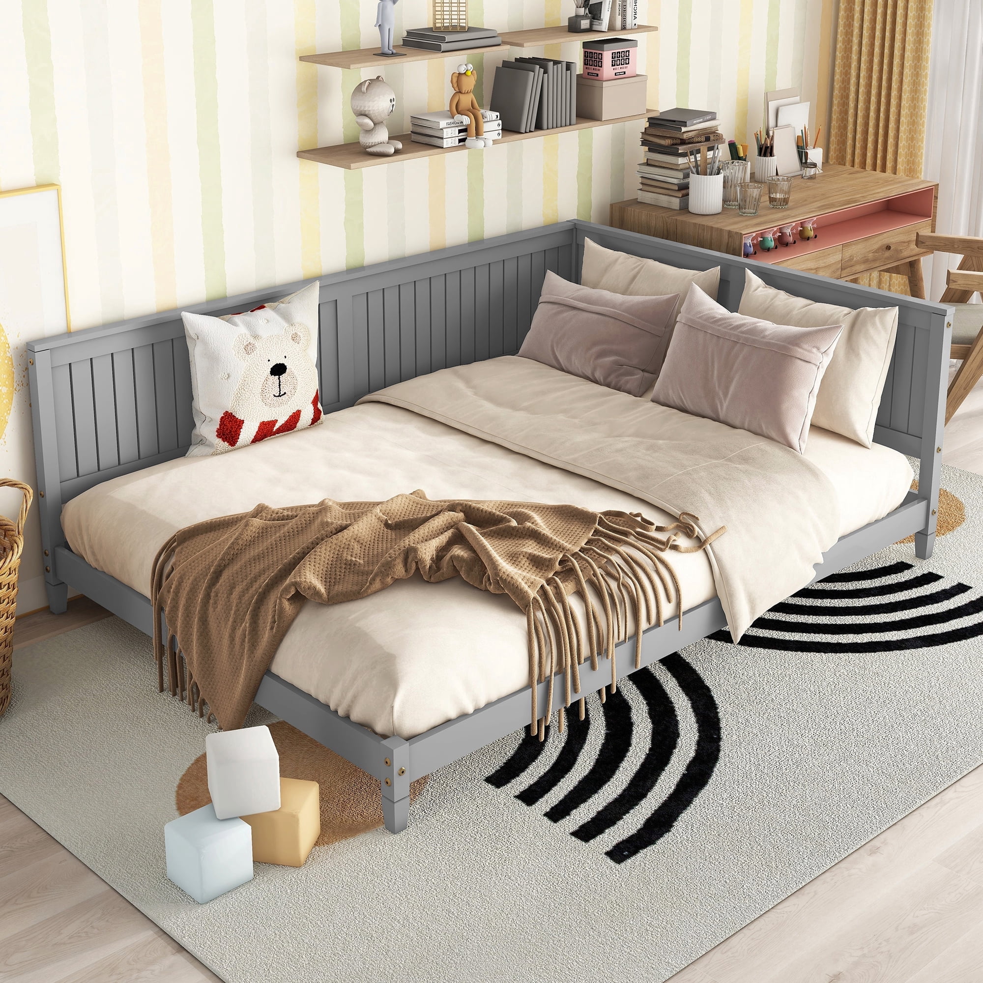 Bellemave Wood Full Size Daybed Frame, Low Full Bed with Headboard and Sideboard, Minimalist Floor Sofa Bed Frame for Room Bedroom Living Room (Gray)