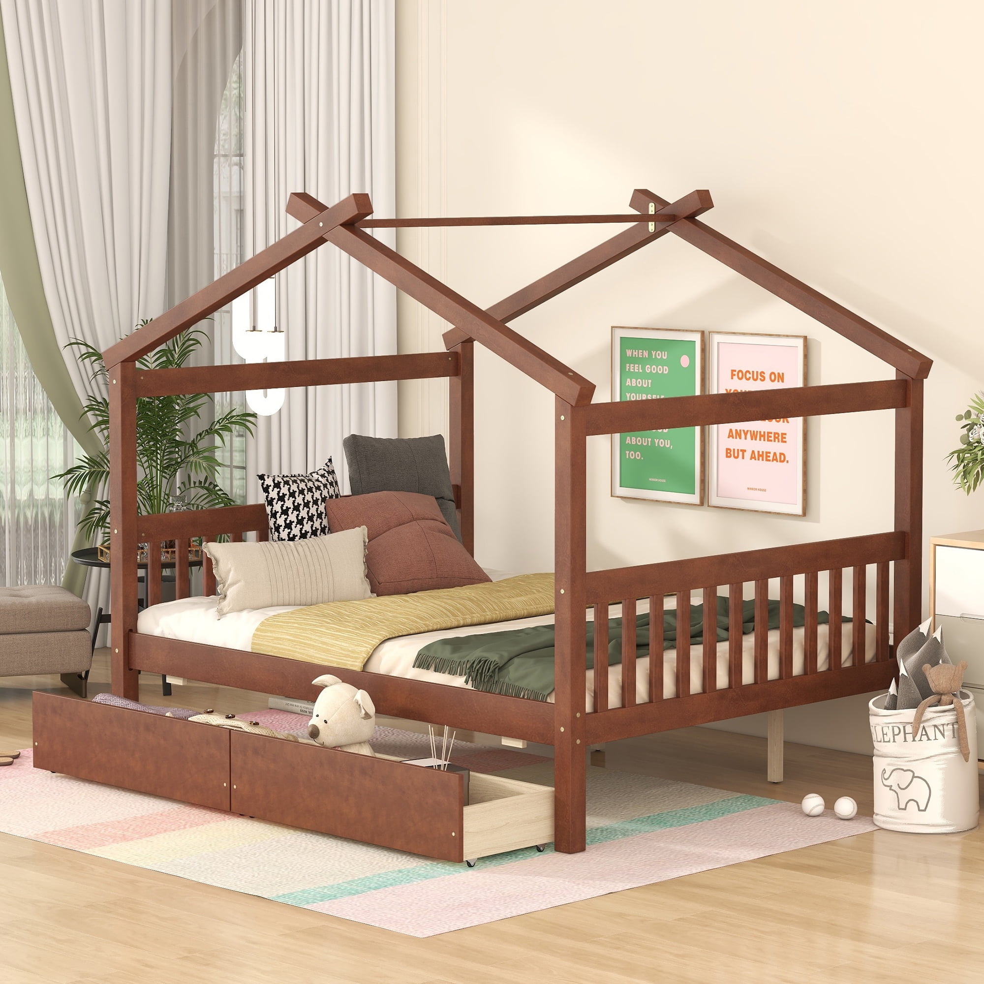 Bellemave Wood Full Size House Shaped Canopy Bed for Kids, Teens