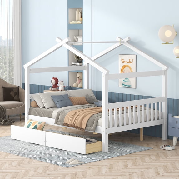 Bellemave Wood Full Size House Shaped Canopy Bed for Teens, Montessori House Bed with Storage Drawers (White)