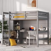 Bellemave Wood Full Size Loft Bed Frame with Desk, Bookcase & Shelves for Kids, Full Adult Loft Bed with Workstation, Gray