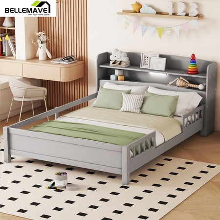 Bellemave Wood Full Size Platform Bed with Storage Headboard and LED Light Full Storage Bed Low Wooden Bed Frame with Full-length Guardrail and Wooden Slats for Kids and Teens,Antique Gray