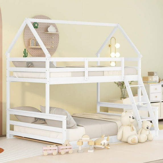 Bellemave Wood House Bunk Bed with Ladder, Low Twin over Full Bunk Bed Frame, Separable Floor Bunk Bed (White)