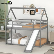 Bellemave Twin Bunk Bed with Slide, Wood Floor Bunk Bed Twin Over Twin, House Bunk Bed Frame for Bedroom (Gray)
