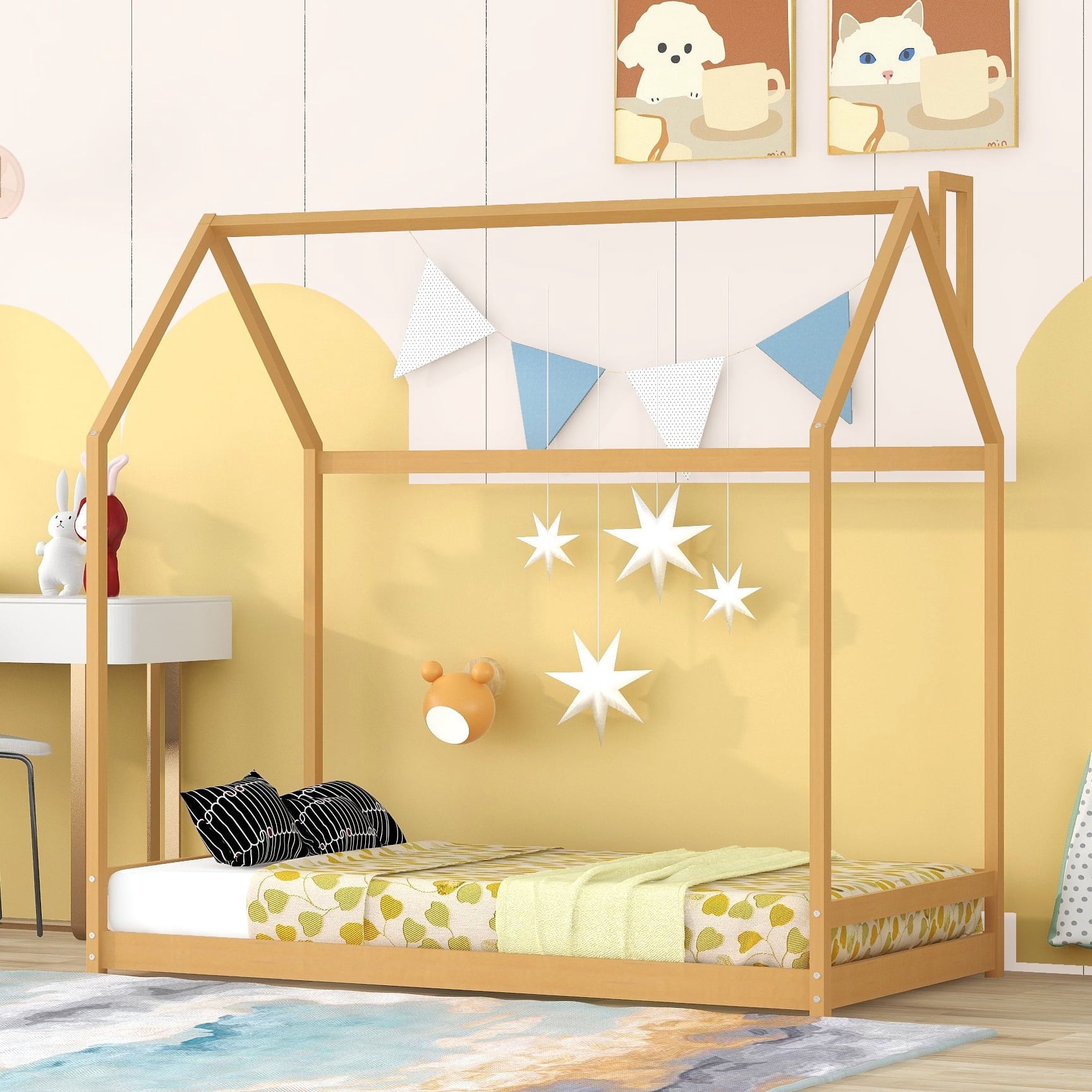 Bellemave Wood Twin House Bed Frame, Montessori Floor Bed for Teen (Natural)