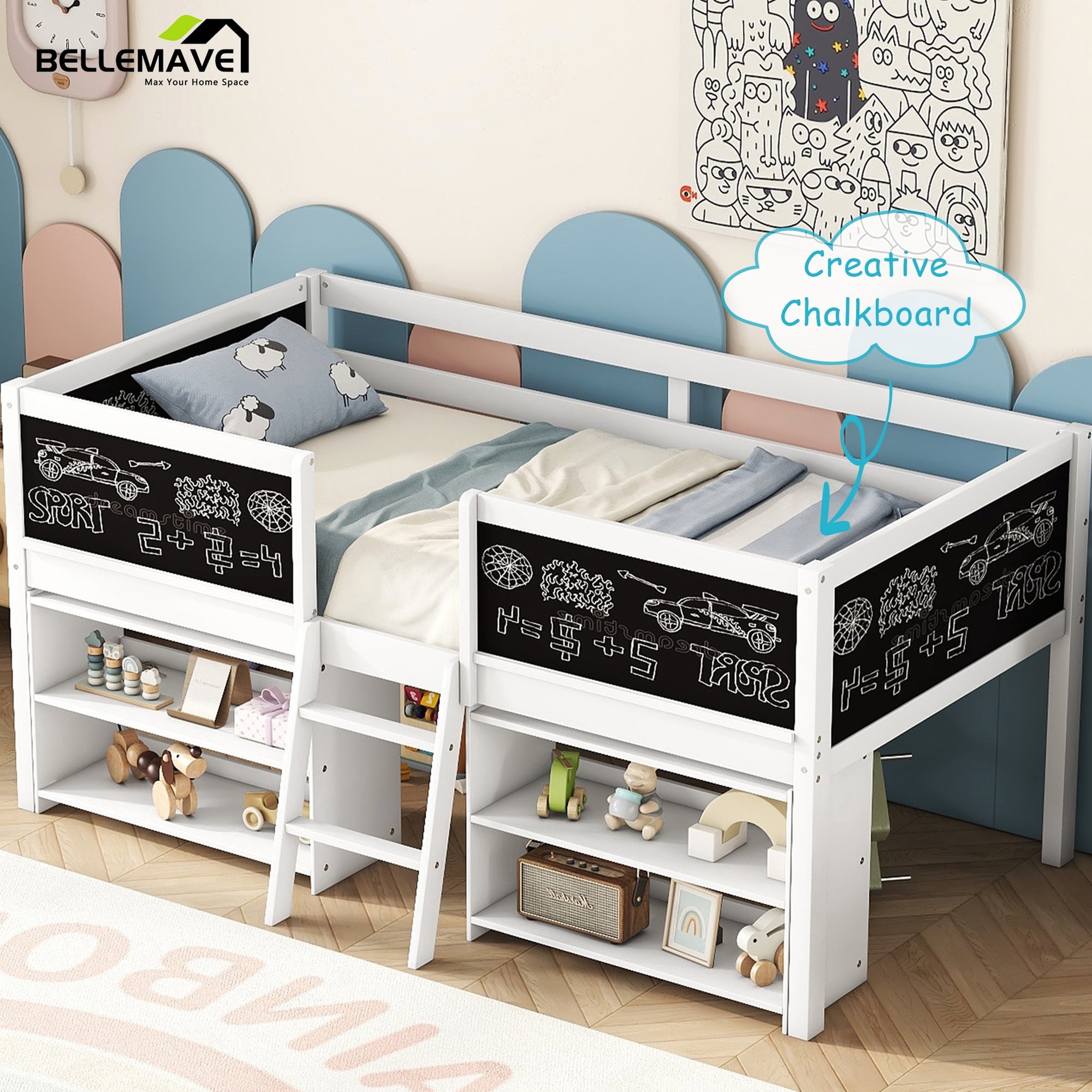 KOMFOTT Twin Low Loft Bed With Chalkboard & Shelves – Kids Wooden Loft Bed Frame, Under-Bed Play Area - View #3
